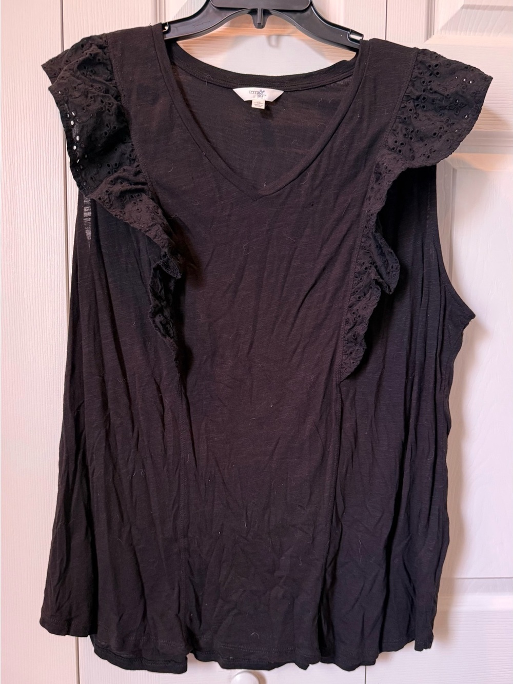 # Terra & Sky 2X Black Eyelet Ruffle V-Neck Tank